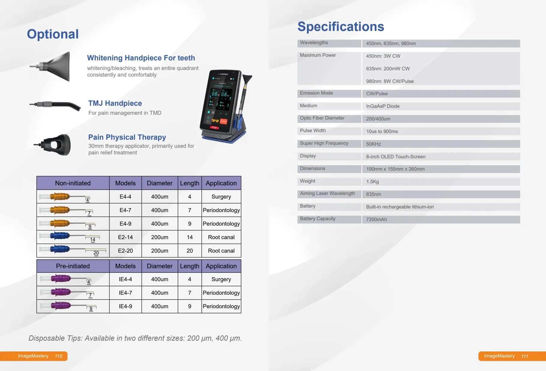 Specifications & fibre tip models
